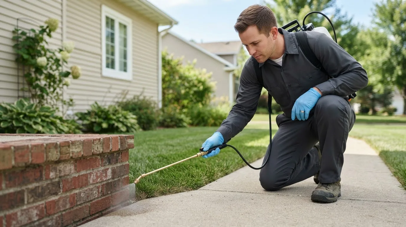 Pest control technician treating a home near Badin, NC